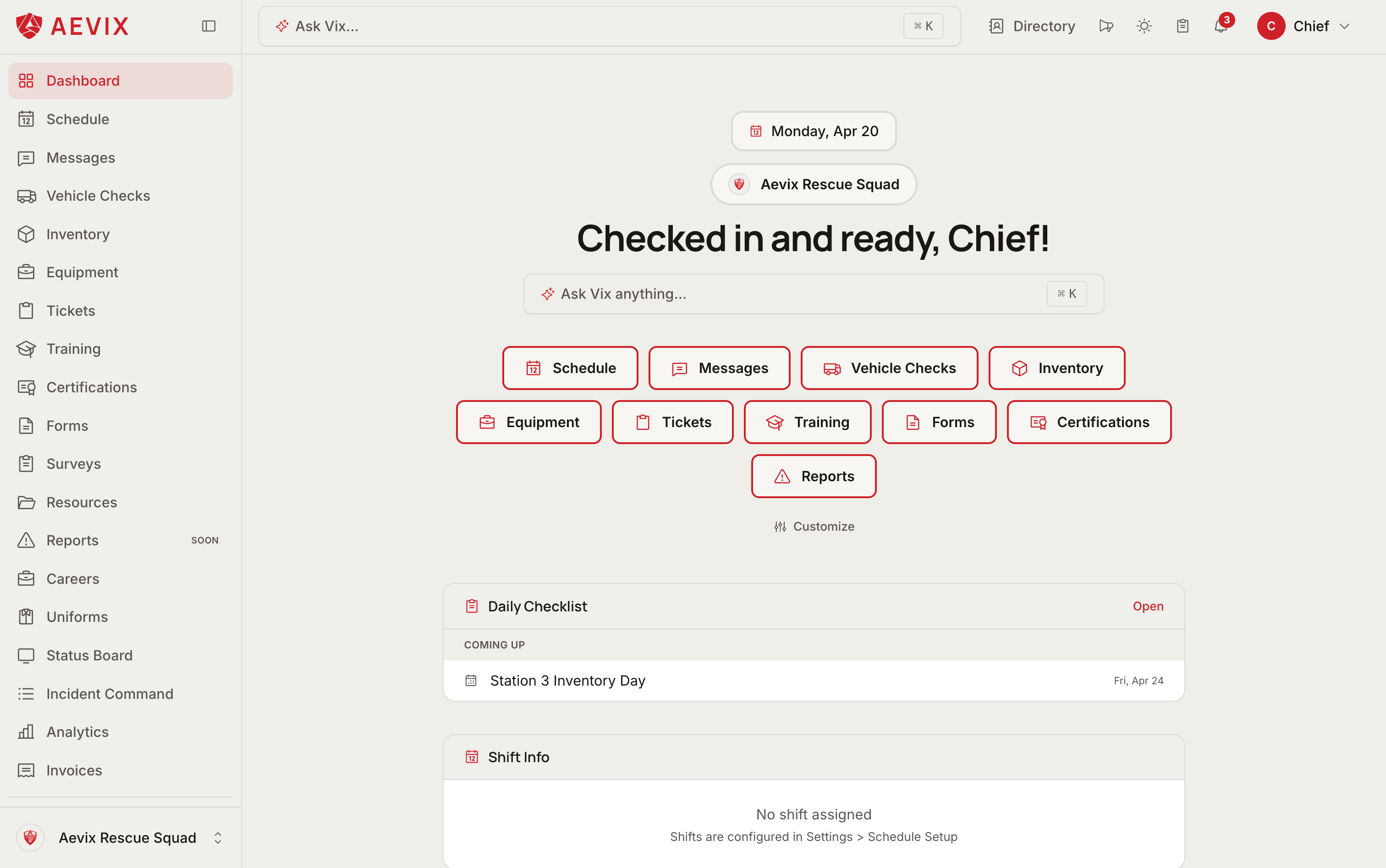 Aevix dashboard preview — schedule, messages, vehicle checks, certifications, and more on a single screen